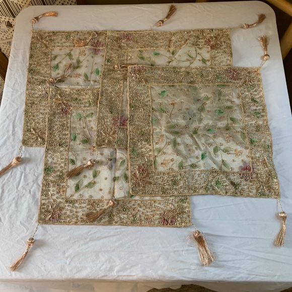 Set of 4 Vintage Gold Beaded Table Runners - Floral Embroidered with Tassels 15" - Picture 8 of 8